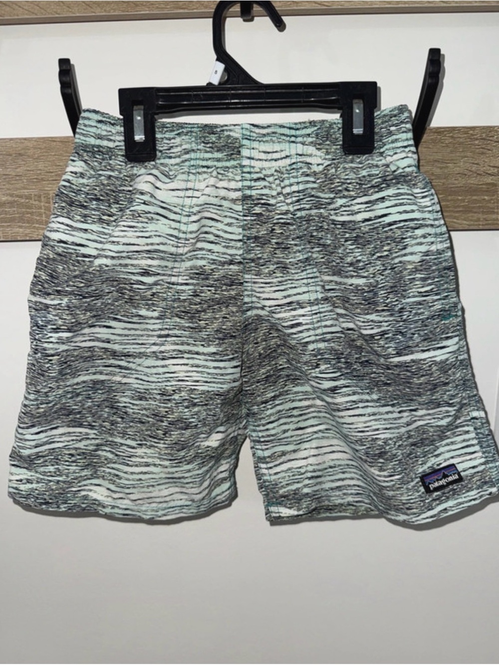 Patagonia Kid's Mint and Gray Striped Board Shorts